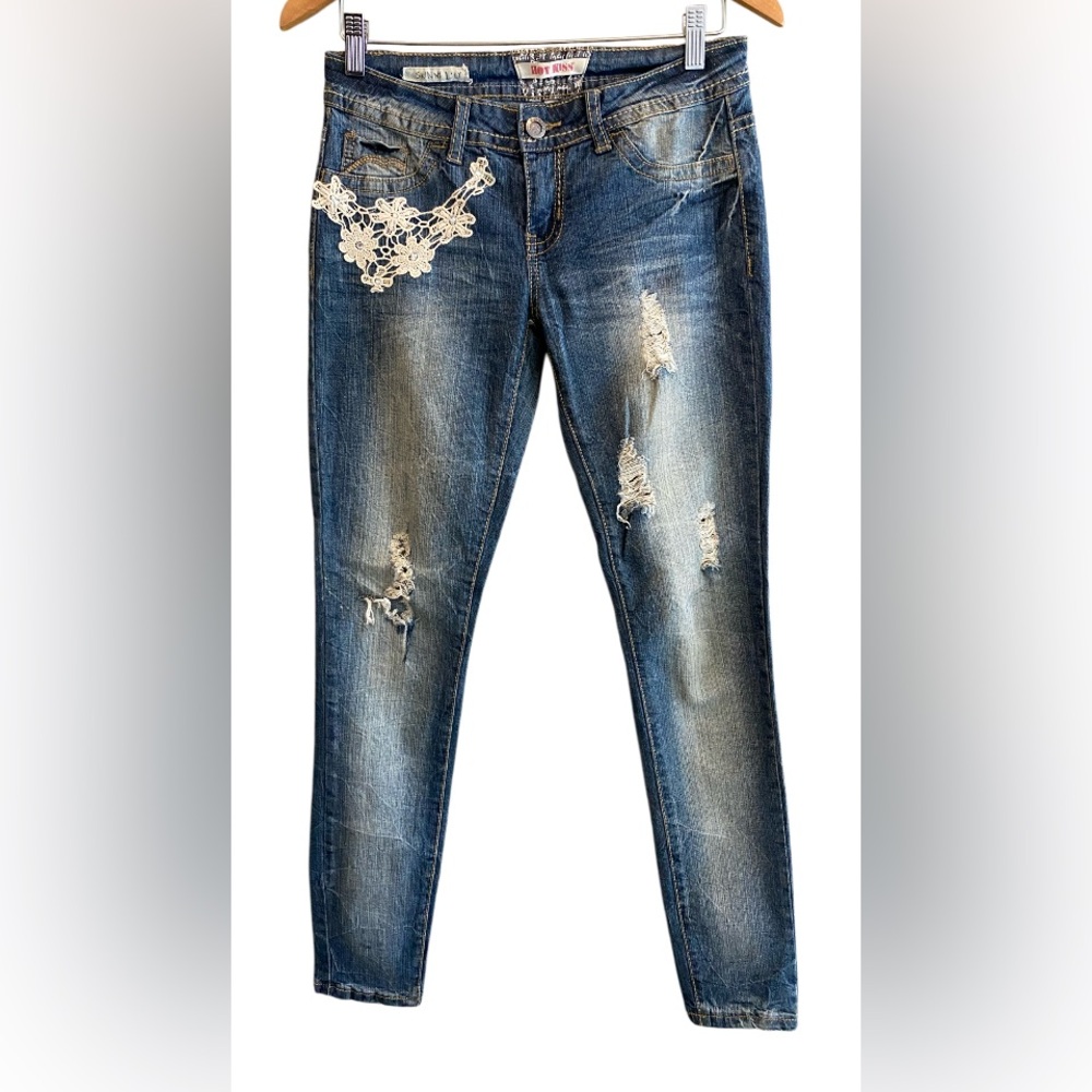 Hot Kiss: Distressed Blue Skinny Lily Jeans with Floral Embroidery